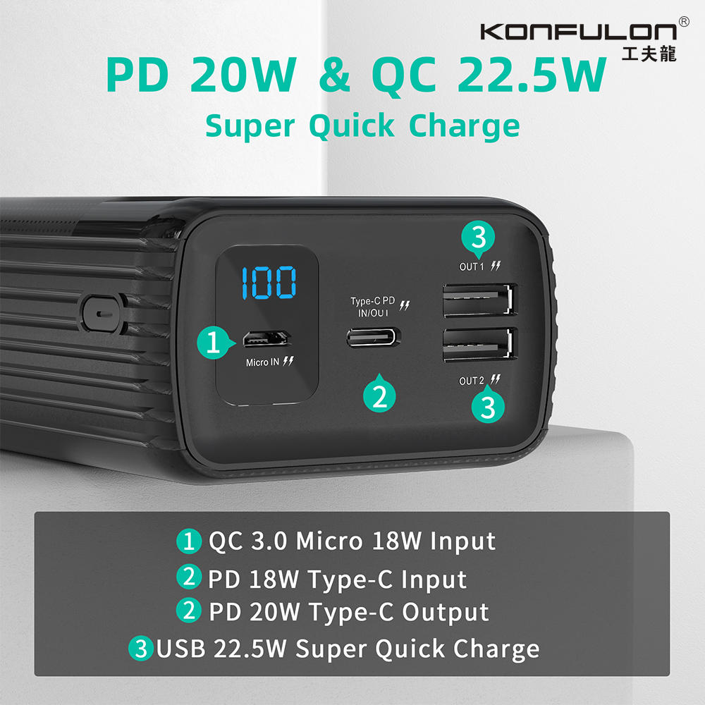 Konfulon Power Bank 50000mAh Fast Charge 22.5W Noir
